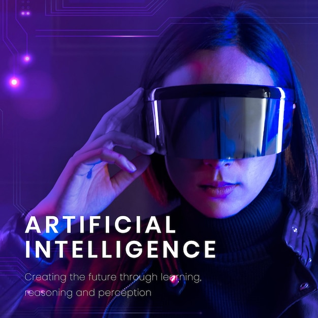 Vettore gratuito modello di banner di intelligenza artificiale con donna che indossa occhiali intelligenti sullo sfondo