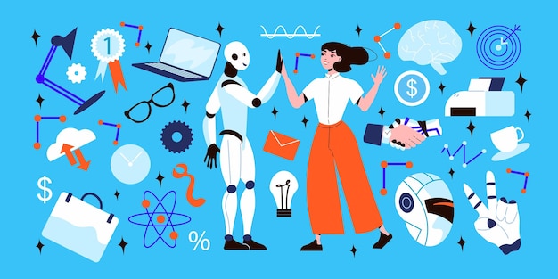 artificial intelligence big set with business teamwork and project symbols flat isolated vector illustration