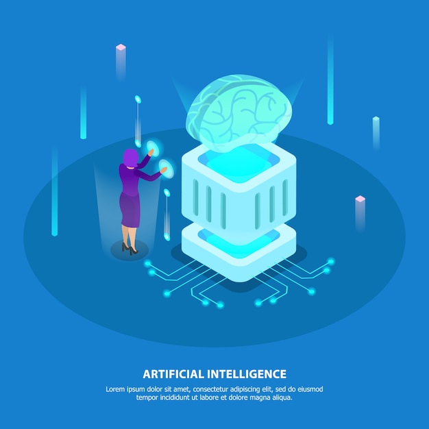 Artificial intelligence design concept with super computer chip and digital robotic brain isometric glow icons 