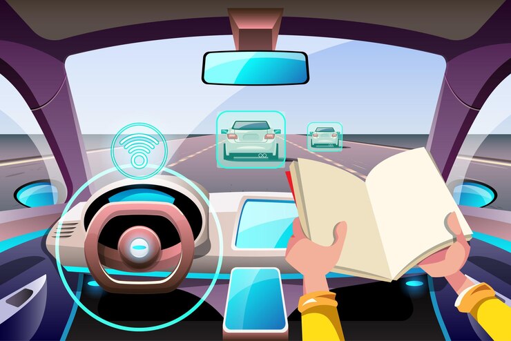 Free Vector artificial intelligence driverless safety system with hud interface in cockpit of autonomous car vehicle interior driverless car driver assistance system acc adaptive cruise control