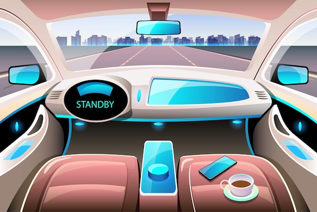 自動運転車のコックピットにあるHUDインターフェースを備えた人工知能ドライバーレス安全システム車内ドライバーレスカードライバーアシスタンスシステムACCアダプティブクルーズコントロール