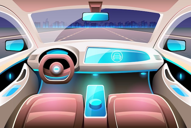 無料ベクター 自動運転車のコックピットにあるhudインターフェースを備えた人工知能ドライバーレス安全システム車内ドライバーレスカードライバーアシスタンスシステムaccアダプティブクルーズコントロール