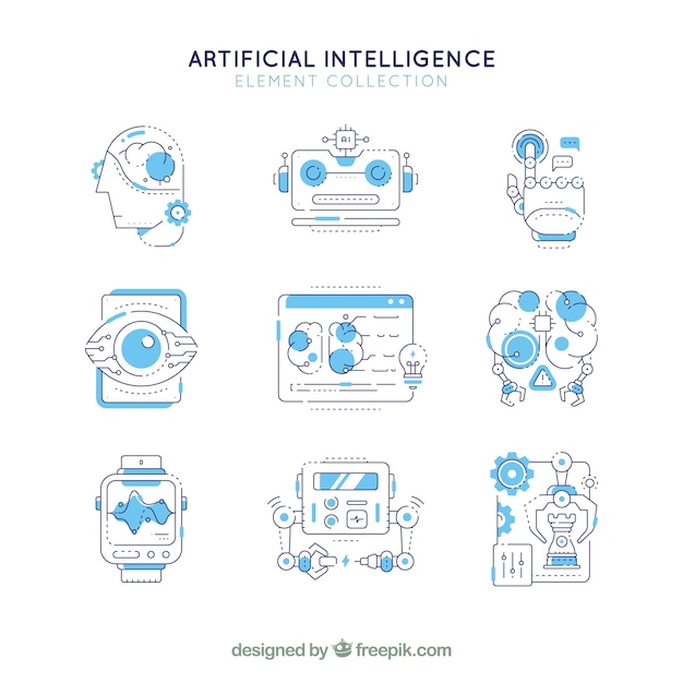 Artificial intelligence elements collection in flat style