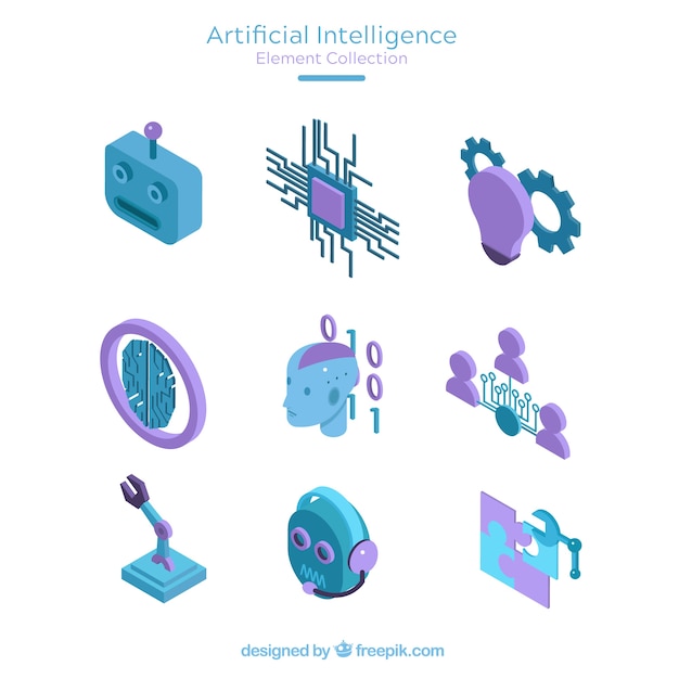 Artificial intelligence elements collection in isometric style