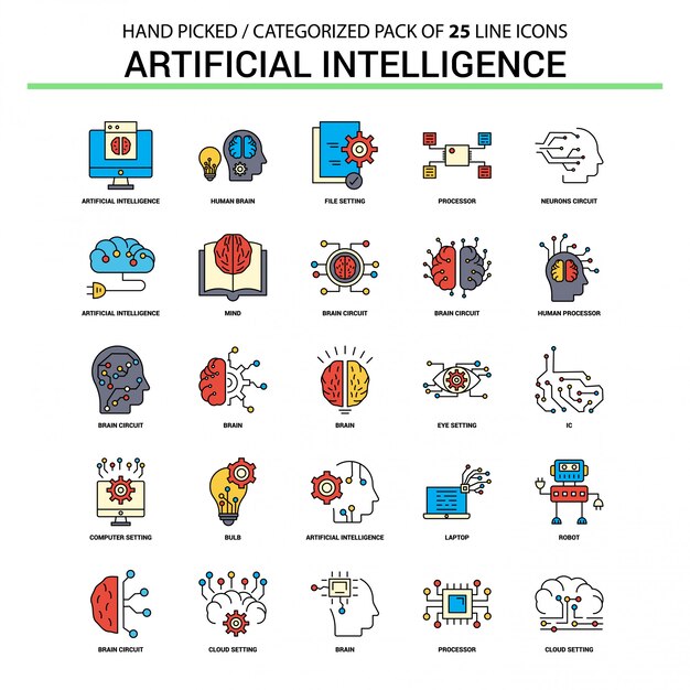 Artificial Intelligence Flat Line Icon Set - Business Concept Icons Design
