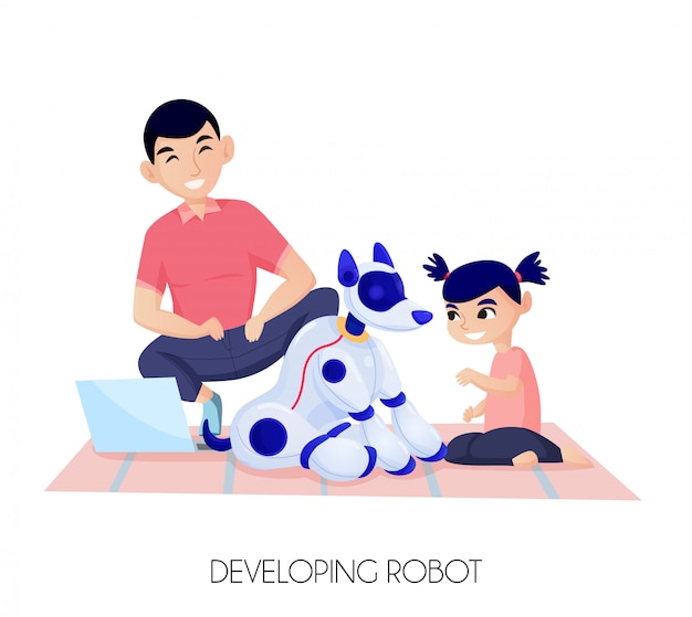 Искусственный интеллект для развития ребенка маленькая девочка во время общения с роботом собака иллюстрация