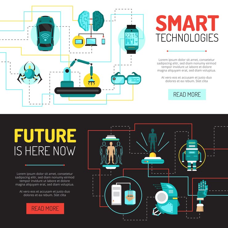 Free Vector artificial intelligence horizontal banners set with flat images of technological innovations and robotronics 