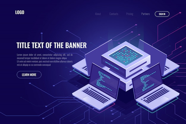artificial intelligence isometric abstract banner, neural network, server computers