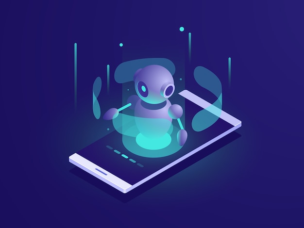 Free vector artificial intelligence, isometric ai robot on mobile phone screen, chatbot app