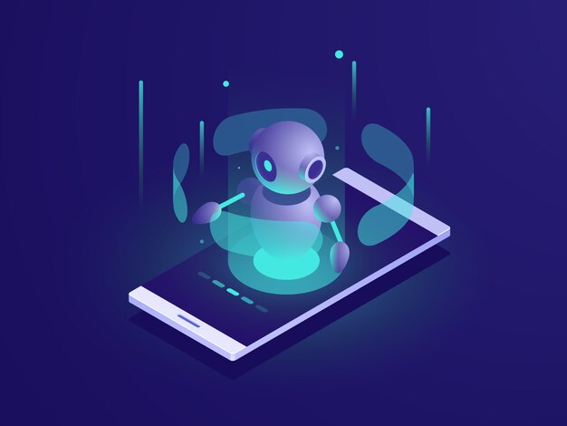Artificial Intelligence, isometric ai robot on mobile phone screen, chatbot app 