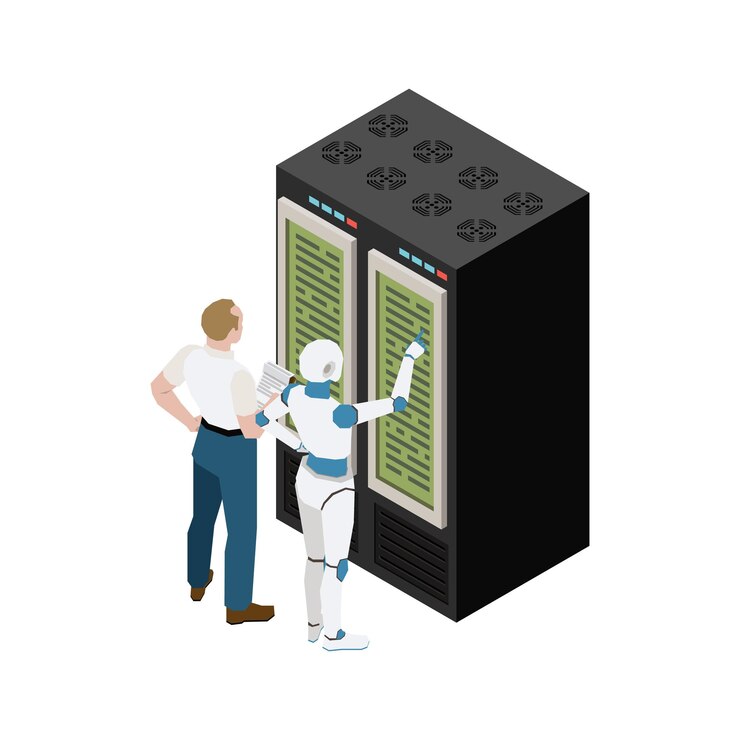 Free Vector artificial intelligence isometric illustration with man robot and data center on white