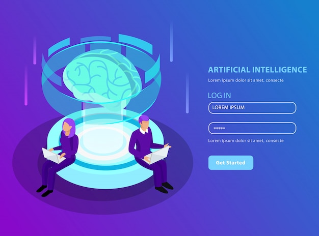 Intelligenza artificiale isometrica nel formato della pagina di destinazione con il layout luminoso del cervello