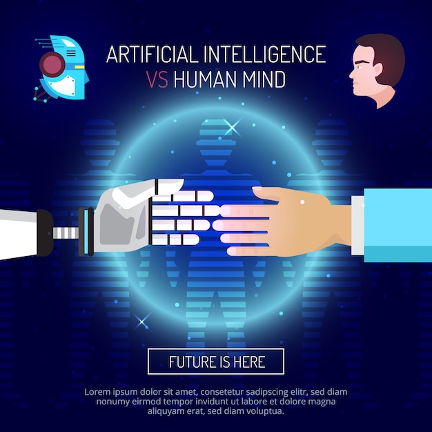 Artificial intelligence mind composition with robot and human hands stretched to each other