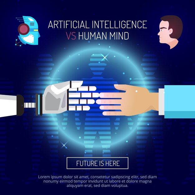 로봇과 인간의 손이 서로 뻗어있는 인공 지능 마인드 구성