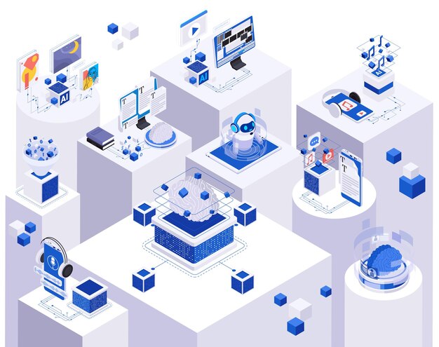 Artificial intelligence technology creating various content isometric composition 3d vector illustration
