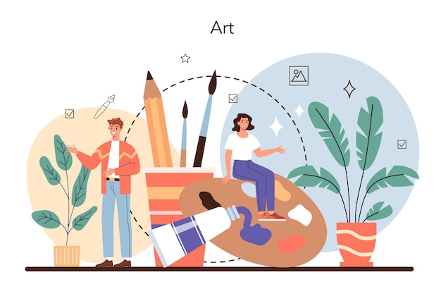 Artist concept professional illustrator in front of big easel\
or screen holding a brush and paints idea of creative people and\
profession art gallery profession flat vector illustration