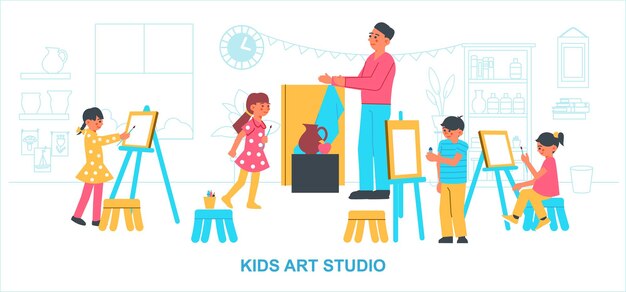 Artist creative studio kids composition with indoor scenery and children drawing paintings supervised by adult teacher