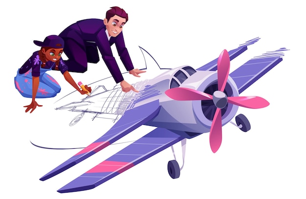 無料ベクター アーティストの女の子とビジネスマンが一緒にレトロな飛行機を描き、事業開発のためのチームワークを楽しむ顧客から注文されたイラストに取り組むデザイナー白のベクトル漫画イラスト