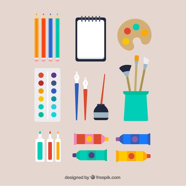 Art supplies. Painting and drawing materials, creative art tools, artistic  supplies, paints, brushes and sketchbook vector illustration icons set  Stock Vector Image & Art - Alamy