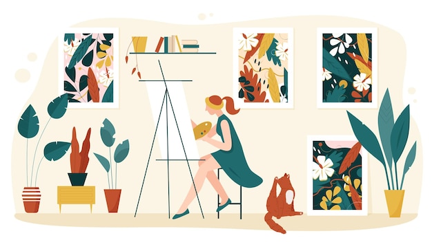 家のインテリアベクトルイラストでアーティストの絵 漫画の女性画家のキャラクターがパレットを取り イーゼルに芸術的な絵を描く 自然の葉と花が分離されたアートワーク プレミアムベクター 家のインテリアベクトルイラストでアーティストの絵 漫画の女性画家のキャラクターがパレットを取り イーゼルに芸術的な絵を描く 自然の葉と花が分離されたアートワーク プレミアムベクター