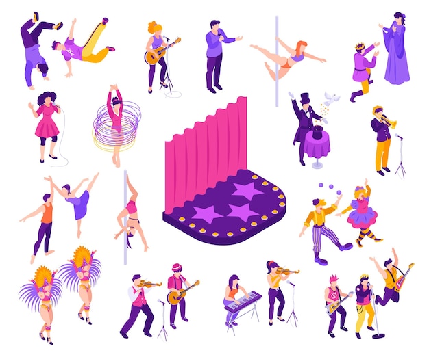 Artist performance isometric set with pole and break dancing musical band ballet dancers magician standup comedian singers theatre actors isolated vector illustration