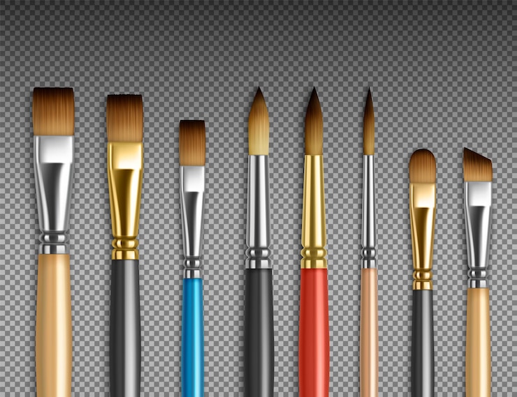 Free Vector artist tools realistic set of isolated top view images with different painting brushes on transparent background vector illustration