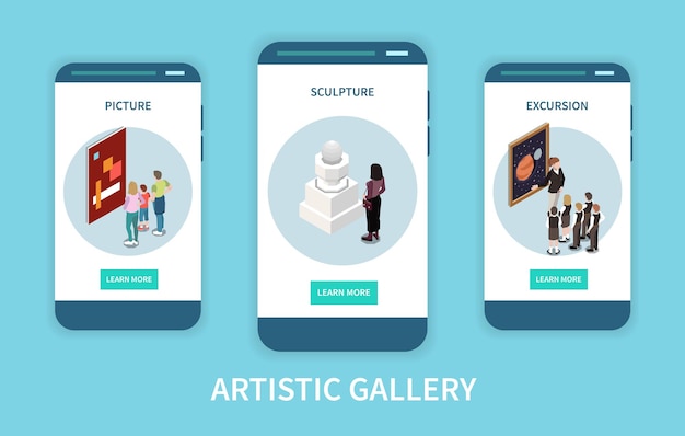 Artistic gallery mobile app screens isometric