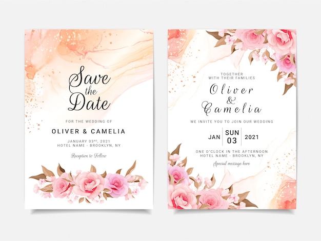 花​の​装飾​で​設定された​芸術的​な​結婚式​の​招待​カード​テンプレート