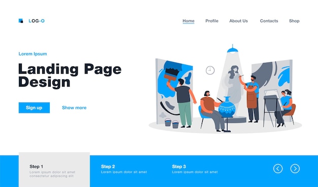 Artists and sculptors creating artworks in workshop or design studio landing page in flat style