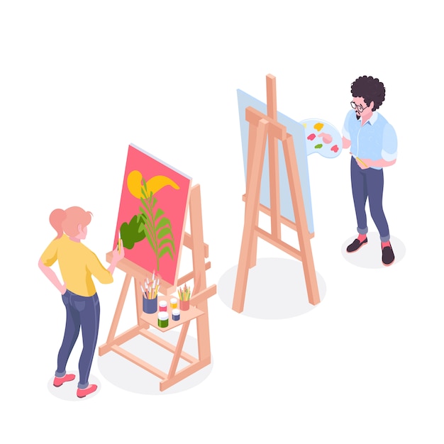 パレットとブラシのアイソメ図と描画スタジオでイーゼルに立っている絵画に取り組んでいるアーティスト