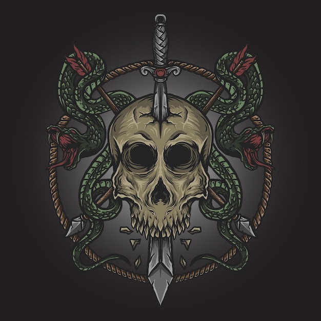 Artwork illustration and t shirt design skull sword and snake engraving ornament