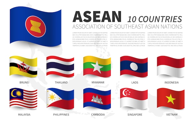 Asean. association of southeast asian nations and membership. waving flags design. southeast asia map