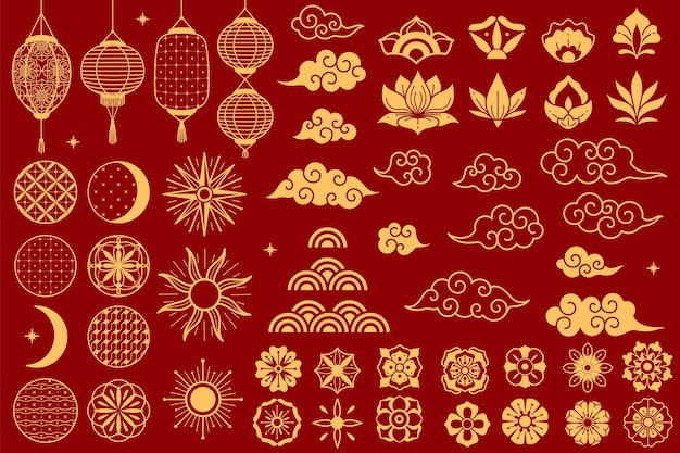 Asia elements. chinese festive decorative gold traditional symbols, lotus flowers and lanterns, clouds and moon. oriental new year elegant line and silhouette golden objects vector isolated on red set