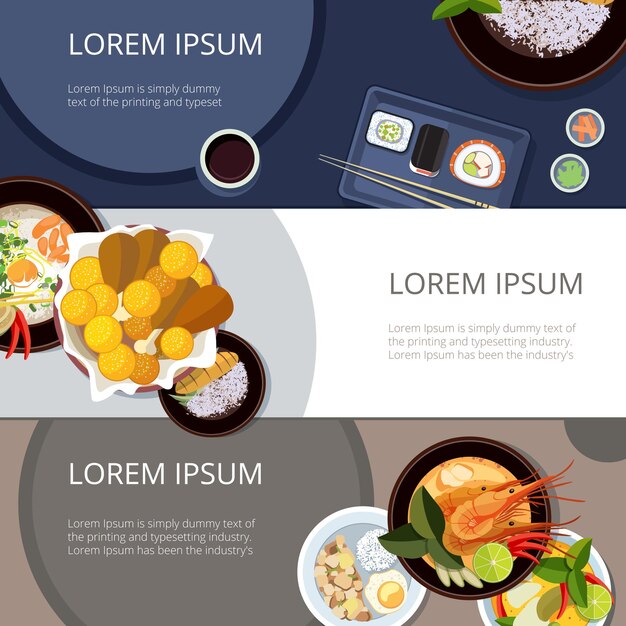 Free vector asia food banners vector set. thai food, japanese and chinese meal. banner food, sushi chinese food, traditional asian food banner, menu thai or japanese food illustration