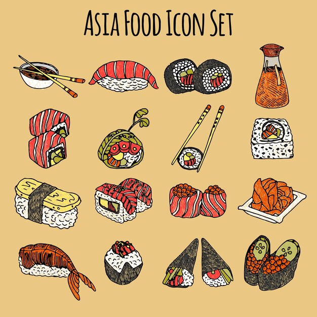 Asia Food Icon Set Colored