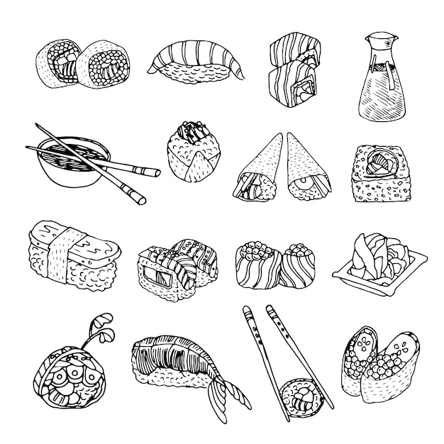 Free vector asia food sushi icons set