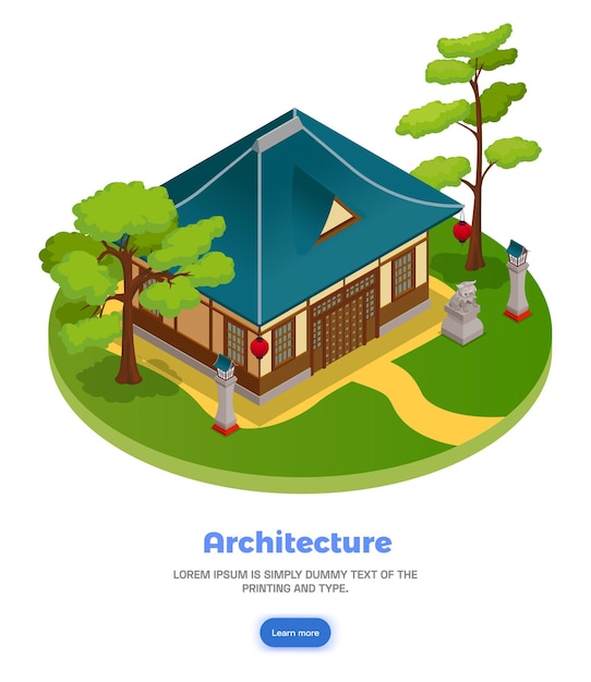 Vettore gratuito concetto di architettura asiatica con paesaggio giardino e casa isometrica