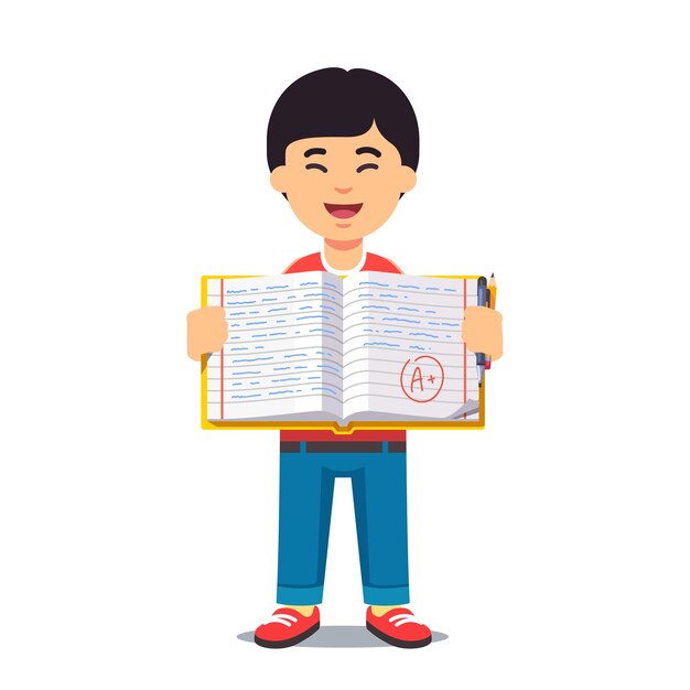 Free vector asian boy and open work book with handwriting