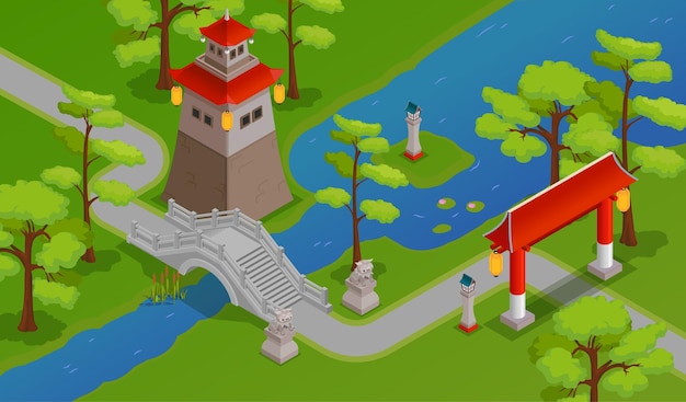 Азиатские здания мост через реку и пейзаж изометрическая иллюстрация