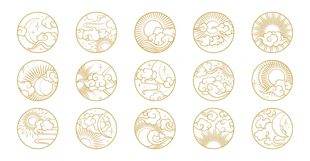 Asian circle set with clouds, moon, sun, stars . vector collection in oriental chinese, japanese, korean style