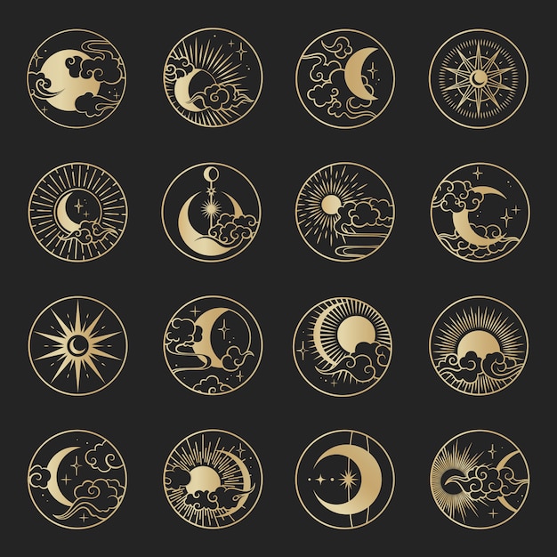 Asian circle set with clouds, moon, sun, stars . vector collection in oriental chinese, japanese, korean style.