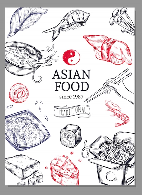 Vettore gratuito poster di schizzo di cucina asiatica