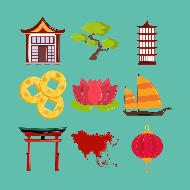 Asian culture icon set