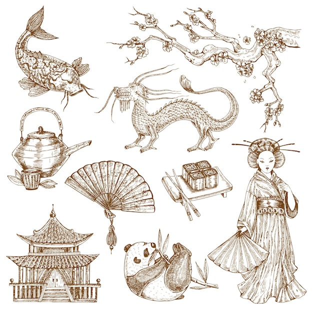 Free vector asian elements hand drawn set