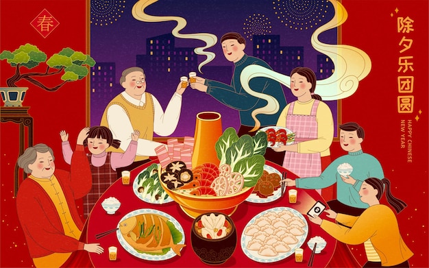 Asian family gathering to celebrate the festival and enjoy tasty traditional dishes