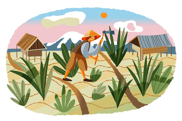 農業分野で働くアジアの農民鋤や鍬のある畑で作物を集める男