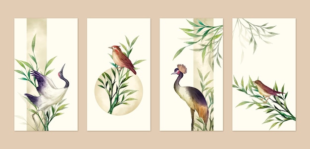 Free vector asian flower watercolor ig stories with birds