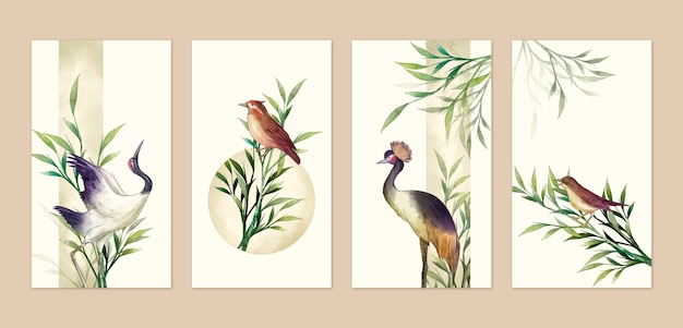 鳥とアジアの花の水彩画のigストーリー