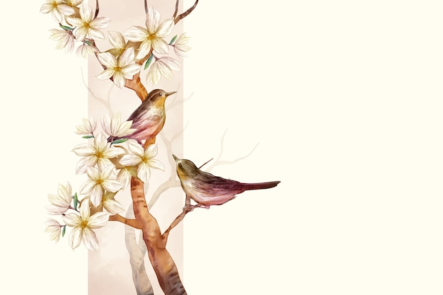 Asian flower watercolor illustration with birds