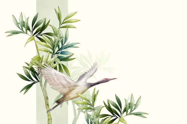 Азиатская цветочная акварельная иллюстрация с птицами